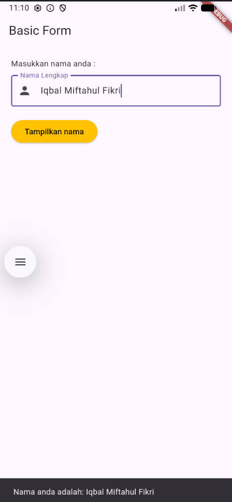 Output dengan nama terisi dan SnackBar