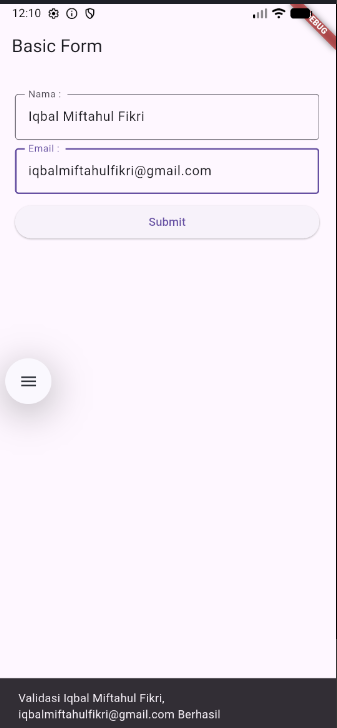 Output form terisi dengan SnackBar validasi berhasil