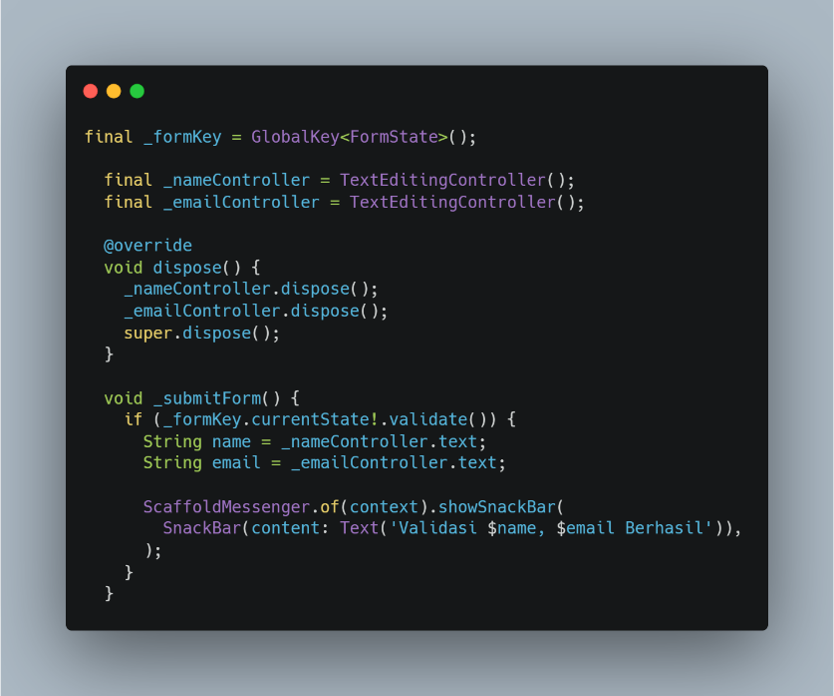 Kode _formKey, controller, dispose, dan _submitForm