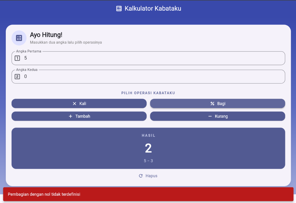 Output error pembagian dengan nol
