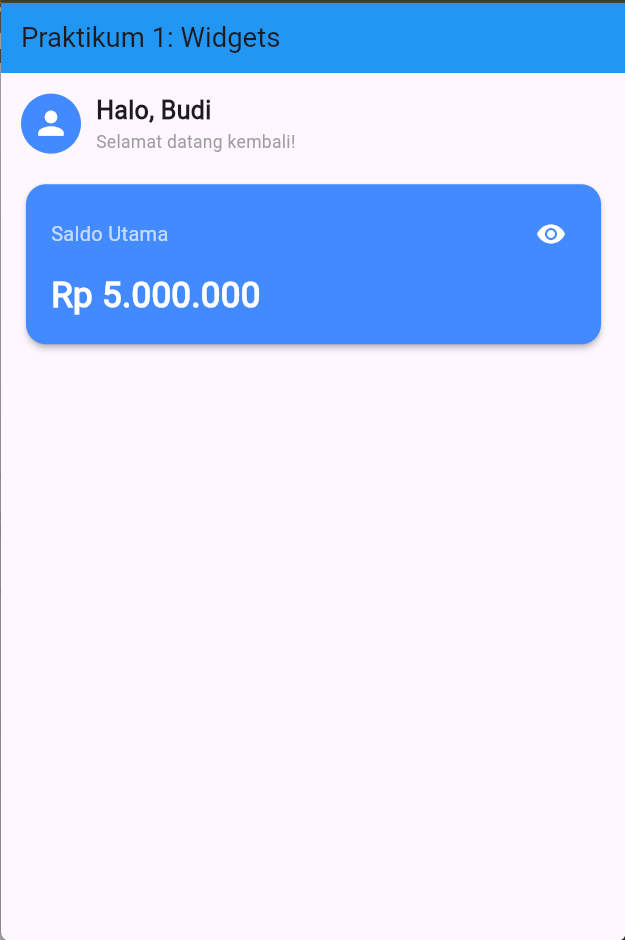 Output awal - Header Halo Budi dan kartu saldo biru Rp 5.000.000