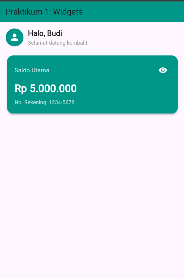 Output Tugas 2 - Kartu saldo hijau teal dengan teks No. Rekening 1234-5678