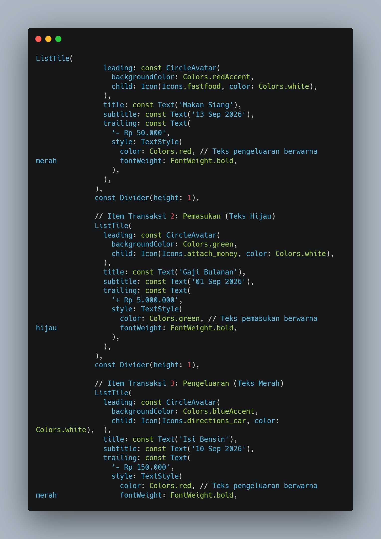 Screenshot kode Tugas 1 — styling color pada TextStyle untuk trailing ListTile