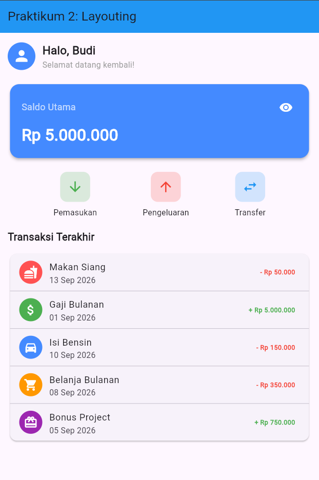 Screenshot kode Tugas 2 — penambahan ListTile transaksi baru (Belanja Bulanan & Bonus Project)