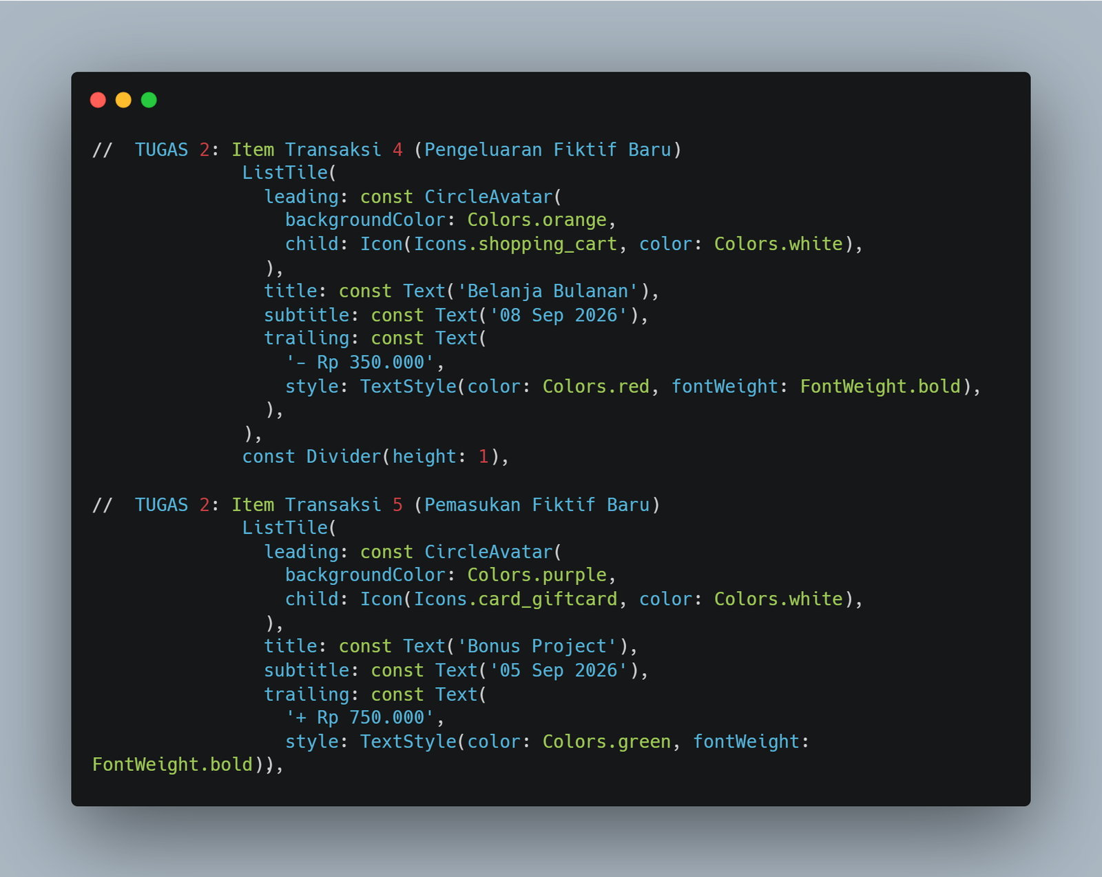Screenshot output Tugas 2 — daftar transaksi bertambah dengan Belanja Bulanan dan Bonus Project