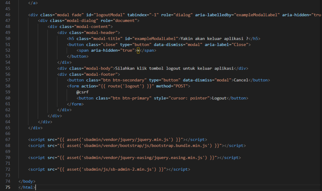 Screenshot: Kode app.blade.php (halaman login dengan styling SB Admin 2, form login dengan gradient background, card body)