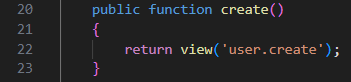 Screenshot: Kode UserController.php bagian pertama (method index, create, store, show)