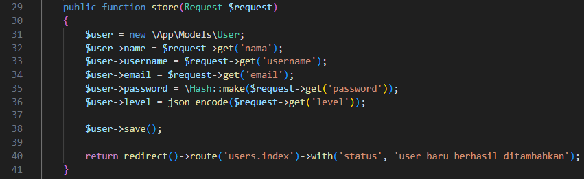 Screenshot: Kode method create() { return view('user.create'); }