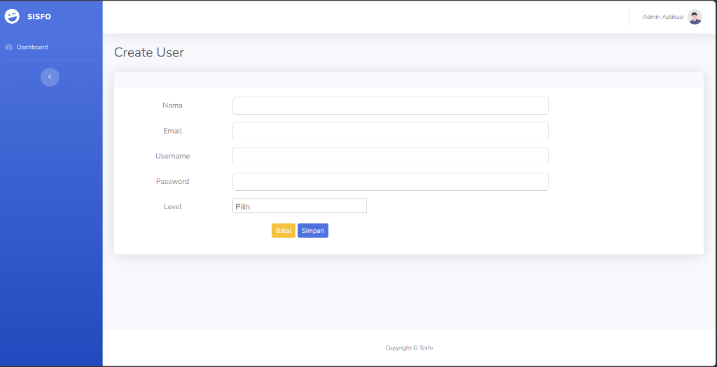 Screenshot: Tampilan halaman Create User dengan form input (Nama, Email, Username, Password, Level dropdown)