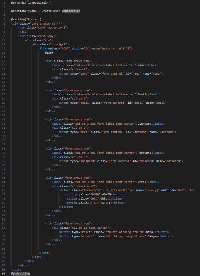 Screenshot: Kode lengkap create.blade.php (form dengan input Nama, Email, Username, Password, Level select2-multiple dengan opsi ADMIN/GURU/STAFF, tombol Batal dan Simpan)