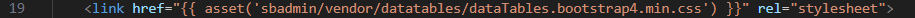 Screenshot: Kode penambahan DataTables CSS dan JS di main.blade.php