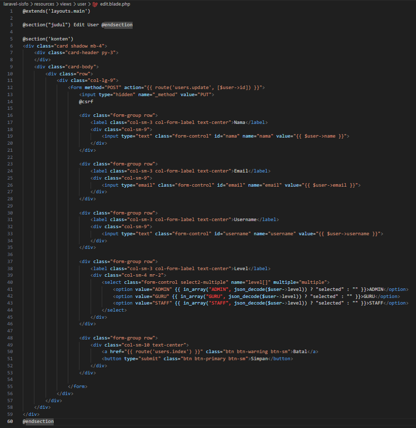 Screenshot: Kode edit.blade.php (form dengan method POST + hidden _method PUT, input Nama/Email/Username pre-filled, Level select2-multiple dengan selected values dari json_decode, tombol Batal dan Simpan)