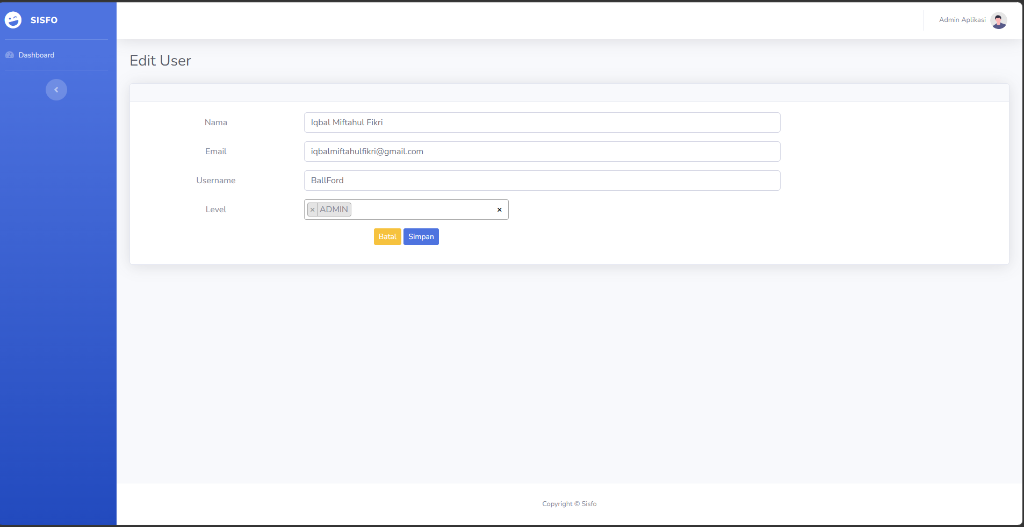 Screenshot: Tampilan halaman Edit User dengan form pre-filled (Nama, Email, Username, Level)