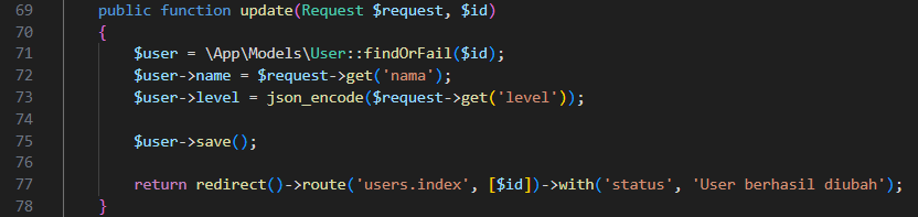 Screenshot: Kode method update() (findOrFail, update name dan level json_encode, save, redirect dengan status 