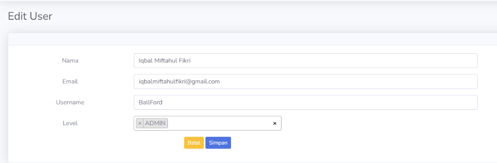 Screenshot: Form edit user dengan data yang diubah (nama menjadi 