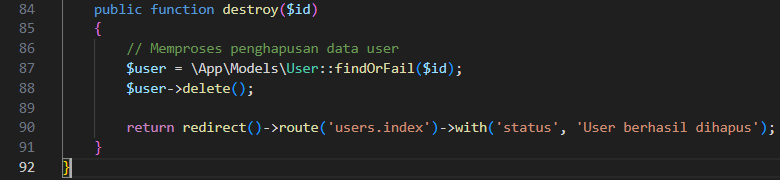 Screenshot: Kode method destroy($id) (findOrFail, delete, redirect dengan status 