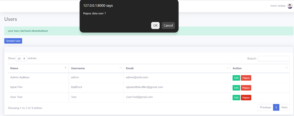 Screenshot: Tampilan halaman Users dengan pop-up konfirmasi 