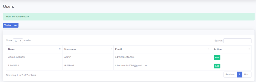 Screenshot: Tampilan halaman Users dengan alert success 