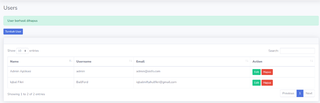 Screenshot: Tampilan halaman Users dengan alert success 
