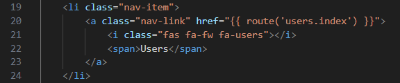 Screenshot: Kode penambahan menu Users di sidebar (li nav-item, a nav-link href route users.index, icon fa-users, span Users)